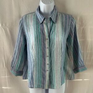 Women’s Coldwater Creek 100% Linen Pastel Stripe Button Up Collar Shirt Top Sz8P